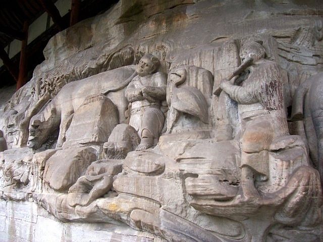 Baoding - Bas-relief depicting an episode of the oxherding tale
