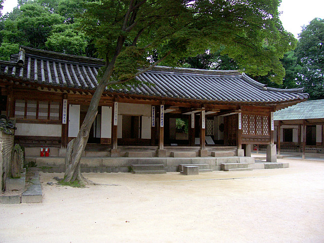 Palais de Changdeokgung - Arbre penché devant un long bâtiment