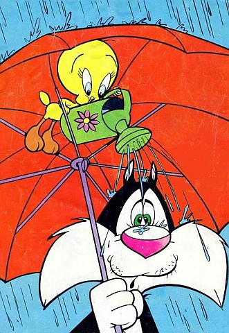 Sylvester in the rain under the umbrella