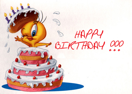 Happy birthday from Tweety going out of a cake