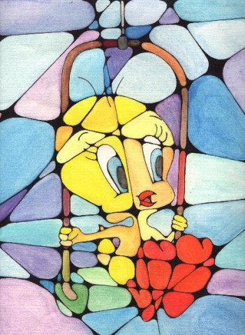 Stained glass window with Tweety on his swing