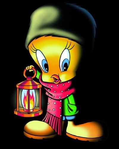 Tweety in winter with scarf, cap and lantern