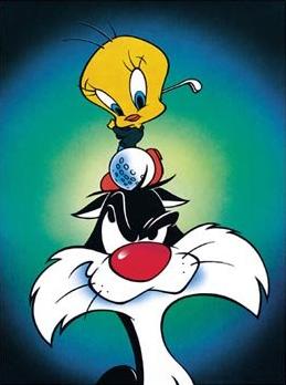 Tweety plays golf on the head of Sylvester
