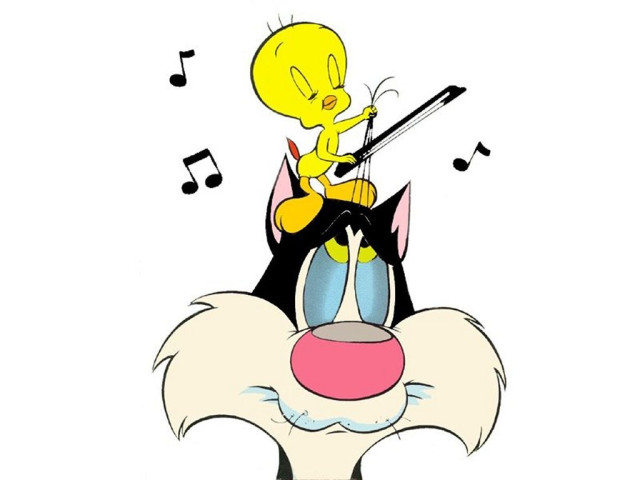 Tweety relaxes Sylvester by playing music
