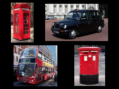 red telephone box, red mailbox, bus, cab