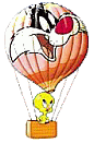 Tweety in a Sylvester hot-air balloon